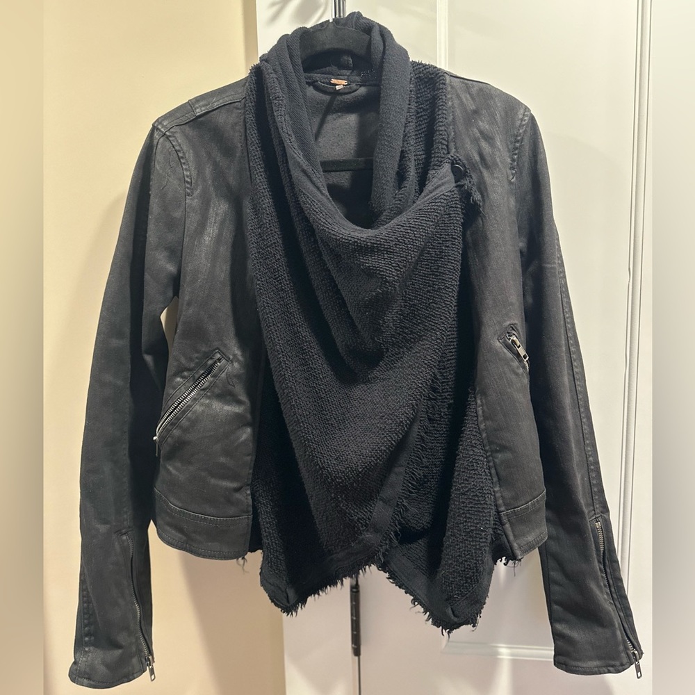 Free People Denim Fleece Drape Front Moto Jacket Long Sleeve Black Womens Size 4